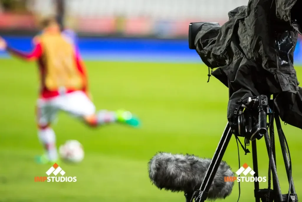 Broadcast camera filming soccer match representing live sports coverage and production services for World Cup 2026