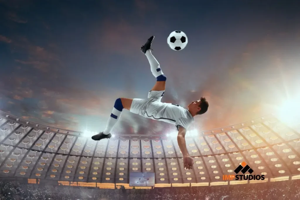 Soccer player performing overhead kick in stadium representing broadcast-style content production for World Cup coverage