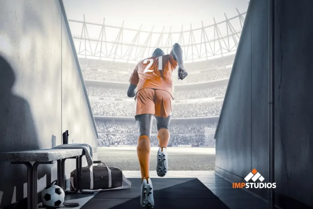 Soccer player walking from tunnel into stadium representing athlete content production and media creation for World Cup 2026