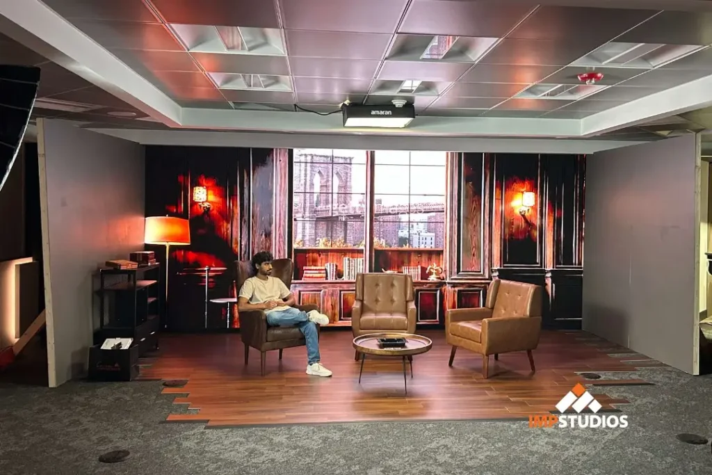 Interview setup inside NJ LED wall studio with virtual background environment for film and branded content production