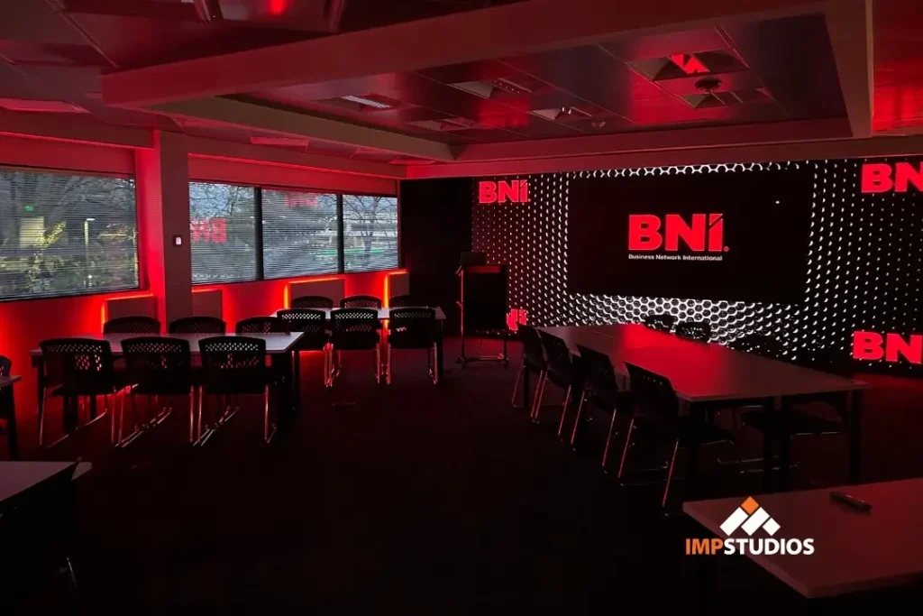 LED wall studio in NJ configured for live event and broadcast production with branded digital backdrop and audience seating