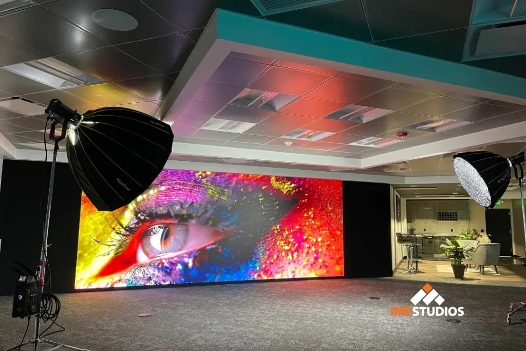 High-resolution LED wall display in NJ virtual production studio showing vibrant visuals for commercial video production