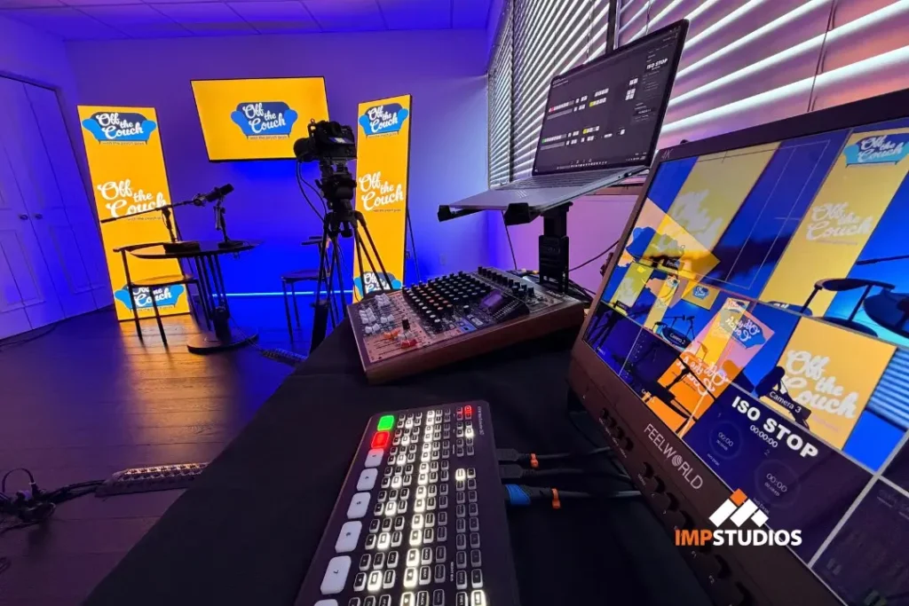 Podcast videocast studio rental near NYC showing multi-camera control room, video switcher, and professional podcast production setup