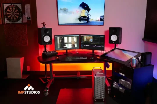 Professional video editing workstation with multiple monitors used for post-production and content delivery during World Cup 2026 projects in New Jersey